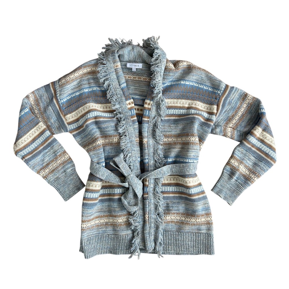 Intermix Blue Brown Striped Knit Fringed Belted Cardigan Wool Cashmere Size‎ S